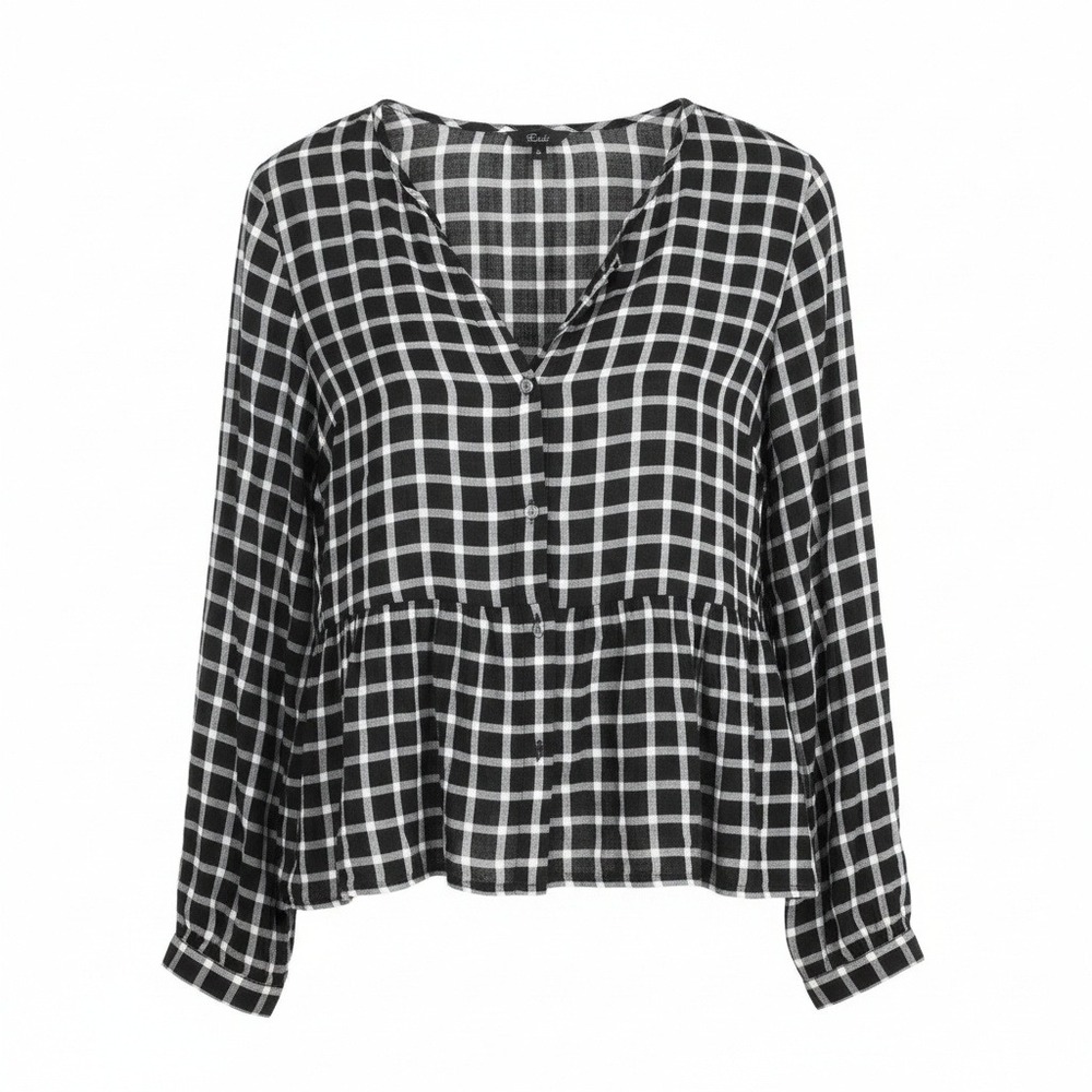 Rails Celeste Onyx White Check Peplum Blouse Button Up Long Sleeve French Girl M